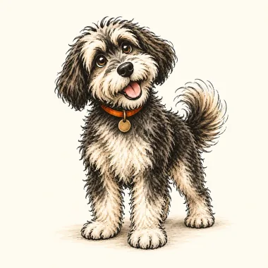 UDO, the scruffy dog guide, tilting his head curiously