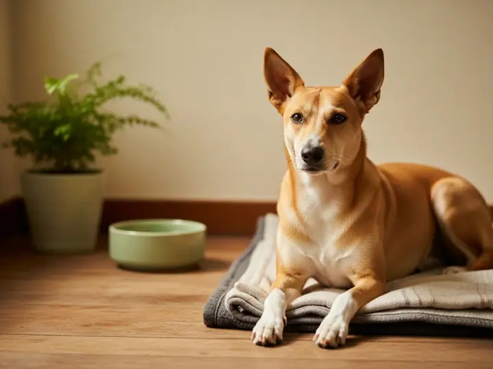 A calm Singapore Special resting comfortably on a folded blanket in a warm-lit Singapore home, soft golden window light.