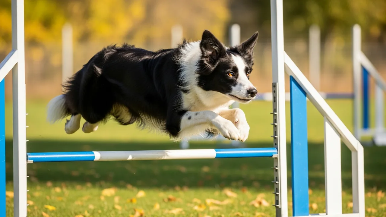 An athletic dog leaping over an agility jump on a training course in warm daylight