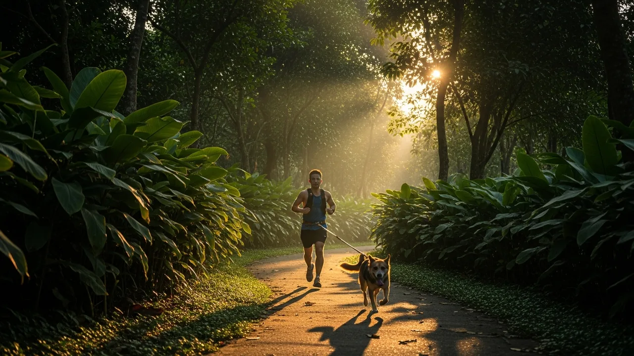 A runner on a leafy trail at dawn connected by a bungee line to a dog pulling ahead in harness