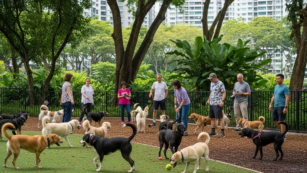Owners standing attentively around the edge of a fenced dog run while several dogs play together on the grass