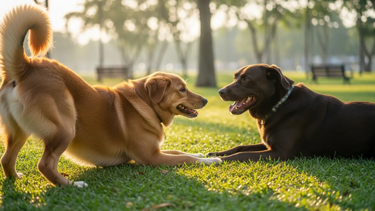 Two mid-sized dogs mid play-bow on the grass of a fenced dog run while their owners watch