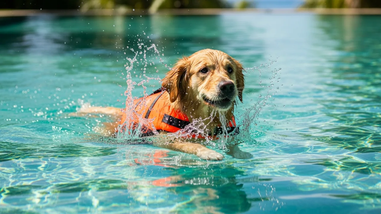 A happy retriever swimming in clear pool water wearing an orange life jacket