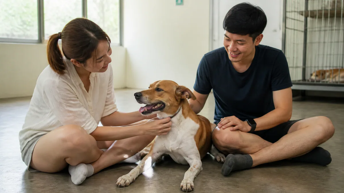 A Singaporean couple sitting on the floor of a rescue shelter, warmly greeting a calm adult mixed-breed dog