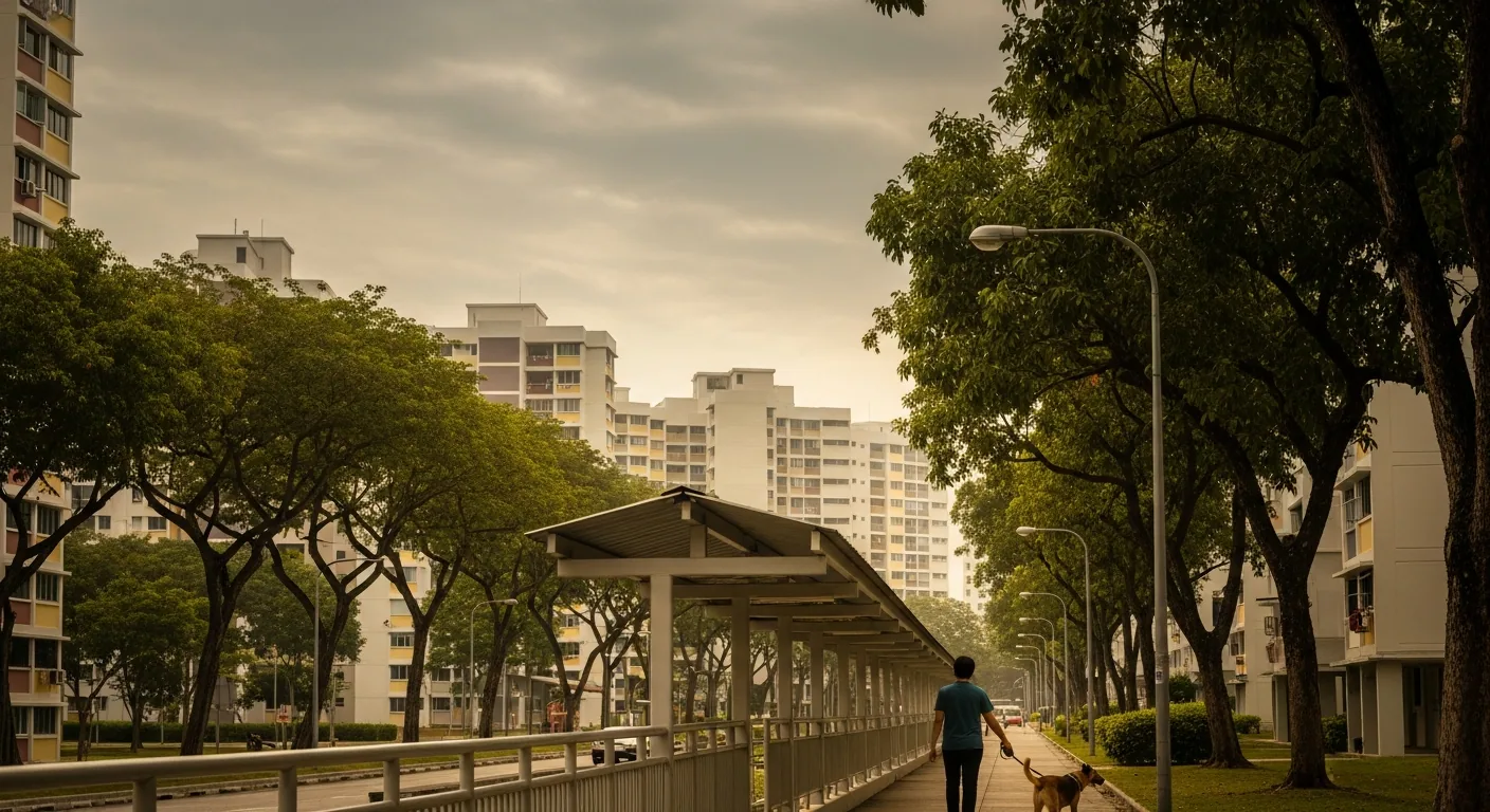 A person walking a dog on a leash along a covered HDB linkway in Singapore under a hazy, muted sky
