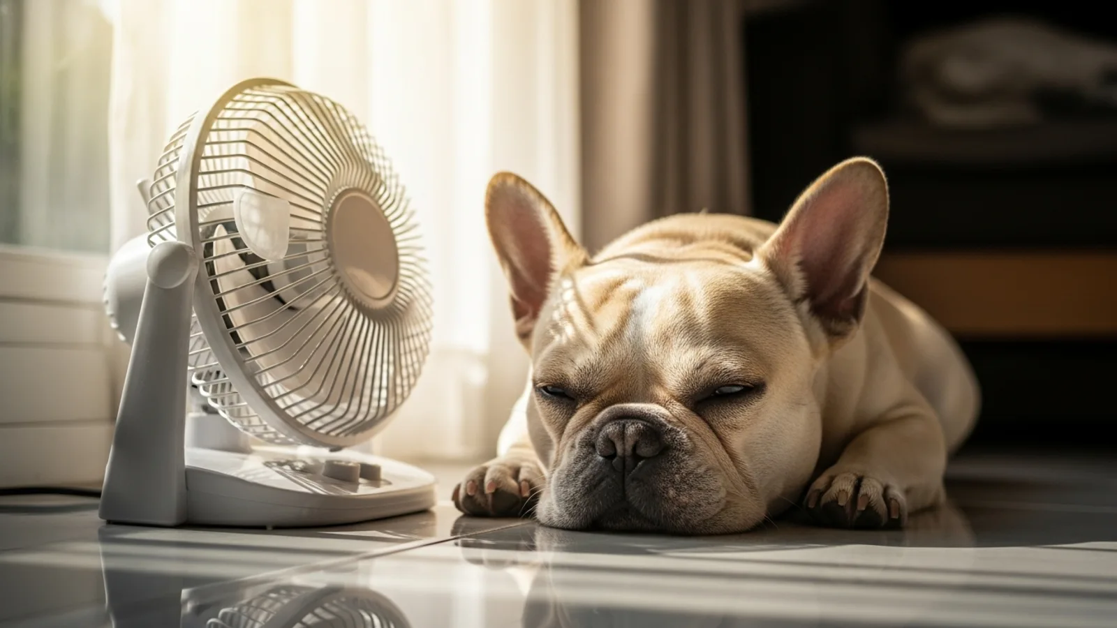 A French bulldog resting calmly on a cool tiled floor beside a fan indoors, out of the bright light of the window behind