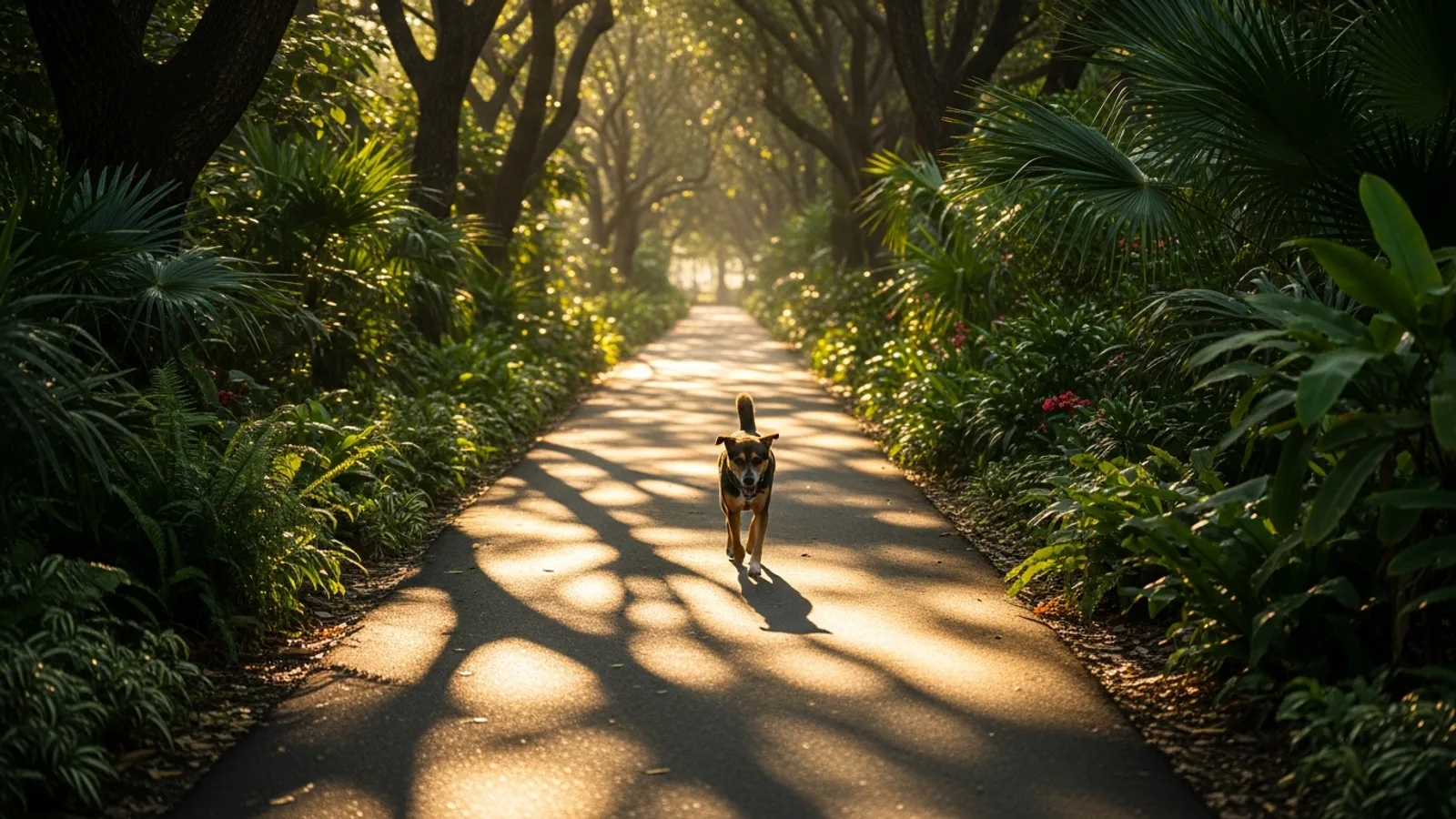 A dog walking on a shaded, tree-lined park connector in the soft light of early morning, dappled shadow across the path