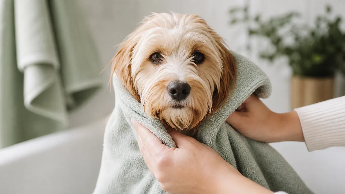 A freshly bathed fluffy dog being towel-dried thoroughly, illustrating the fast-drying routine the humidity demands