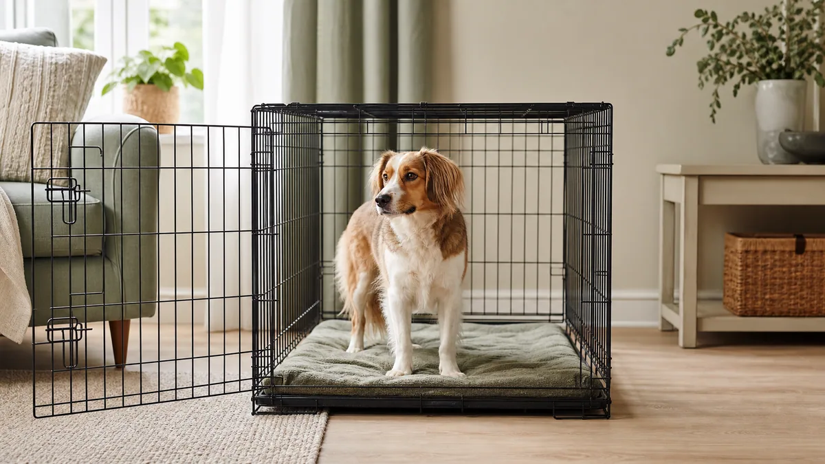 A dog standing inside a wire crate with clear headroom above and space to turn, illustrating correct crate sizing