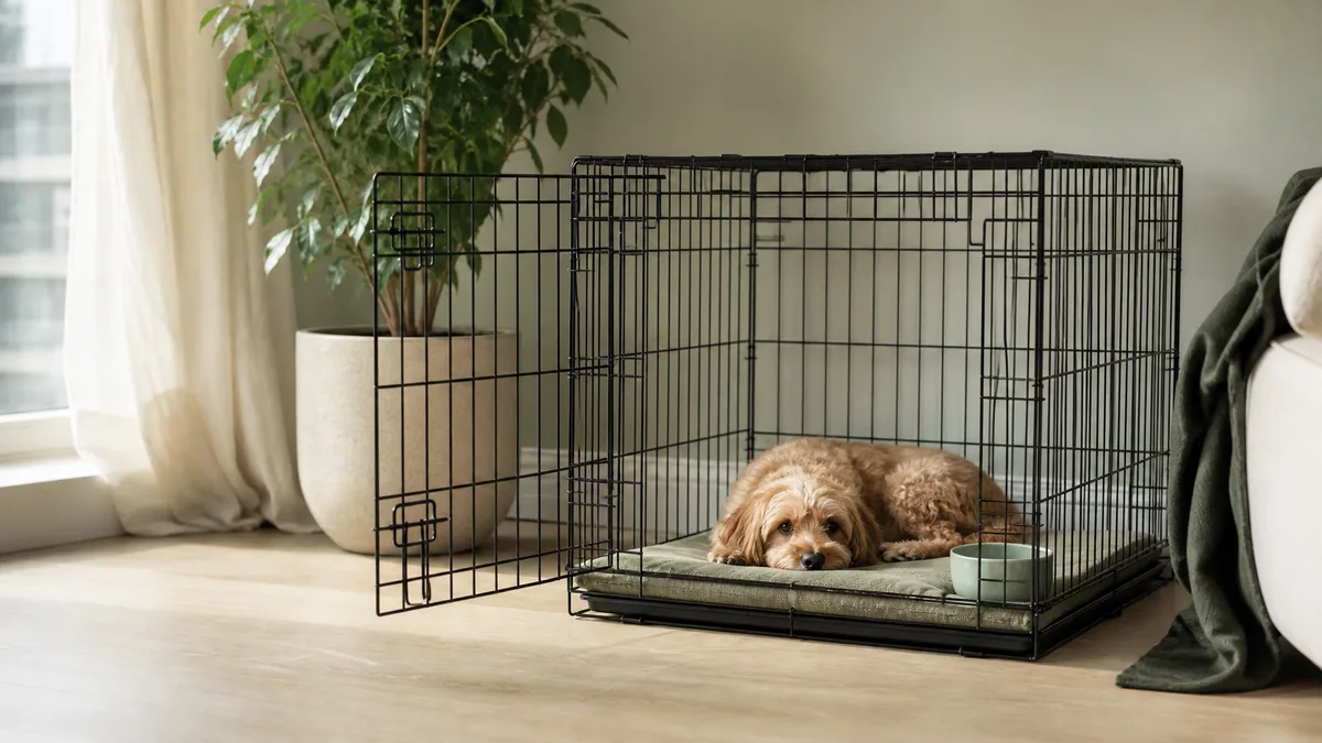 An open wire dog crate set up as a cosy den in the quiet corner of an HDB flat, with a thin mat and a water bowl, soft daylight