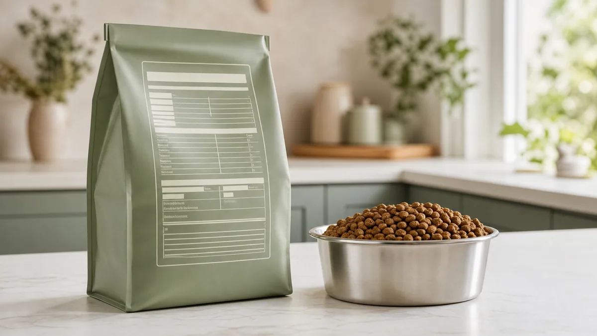 A stainless steel bowl of dry dog food beside a food bag turned to show the nutritional adequacy panel, on a clean kitchen counter