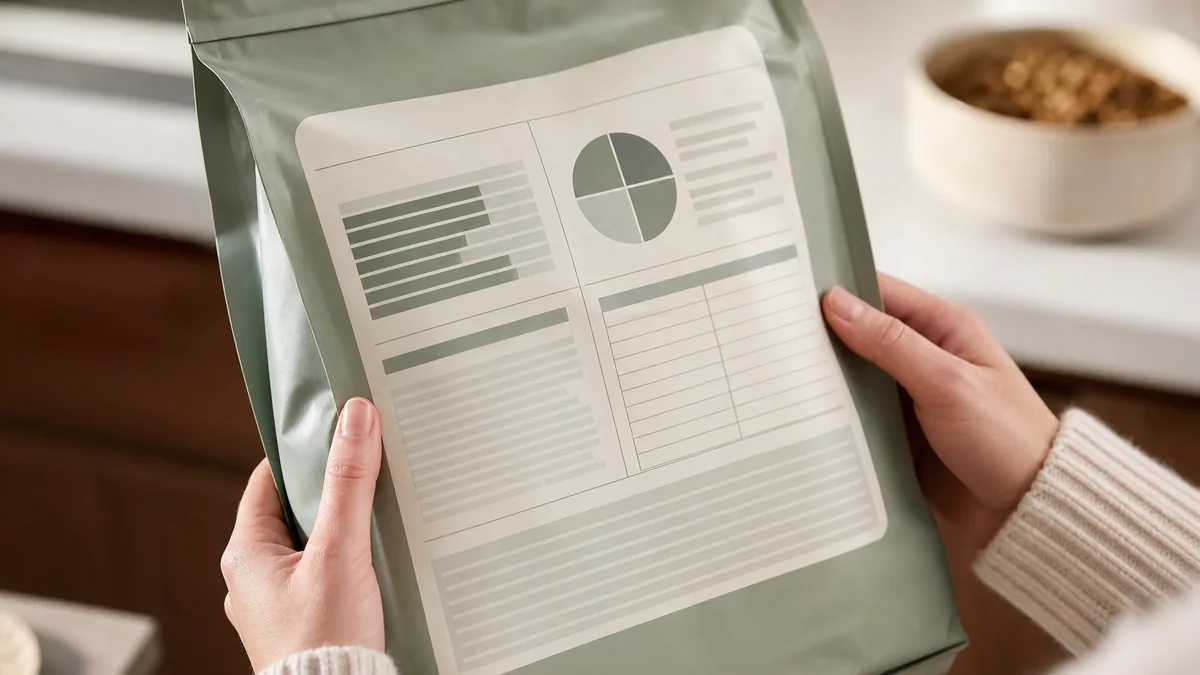 Close-up of a dog food bag's nutritional adequacy statement and guaranteed analysis panel held under kitchen light