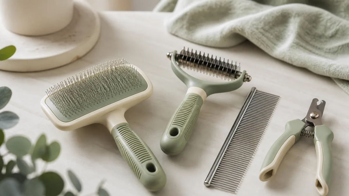 A tidy set of dog grooming tools on a pale surface: a slicker brush, an undercoat rake, a metal comb and nail clippers