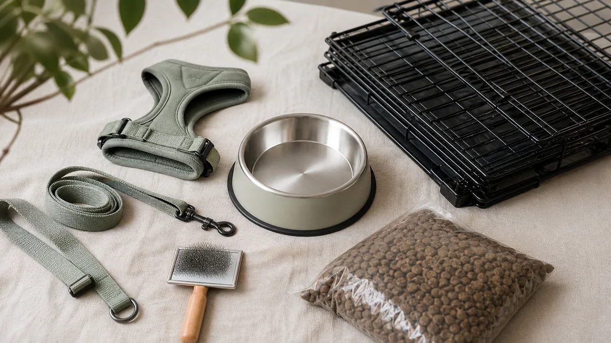 A neat flat-lay of new dog essentials on a pale surface: a fabric harness and lead, a stainless bowl, a folded crate, a slicker brush and a bag of kibble