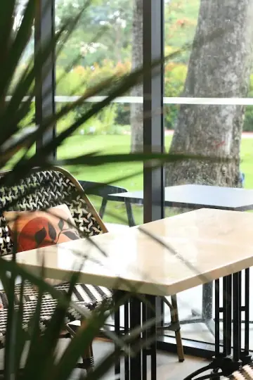 Cyclists and dogs at the outdoor tables of Hub & Spoke Cafe by the Changi Airport perimeter.