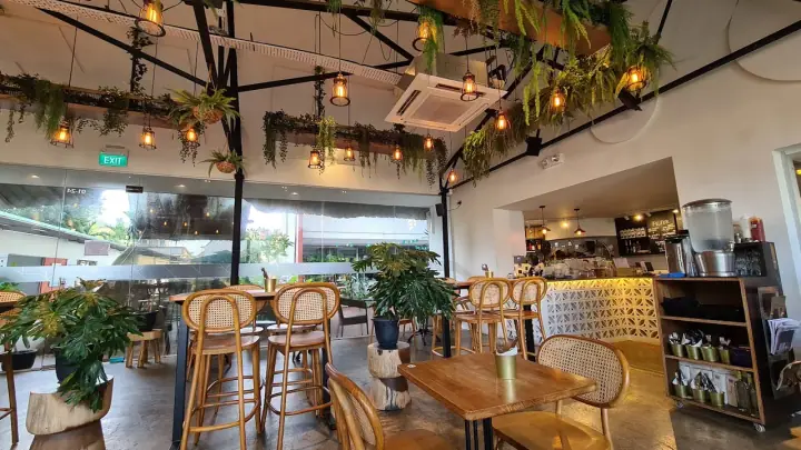 A small dog sitting beside its owner at the outdoor row of The Brewing Ground specialty coffee at The Yards in Joo Chiat, Singapore, with the cafe's barista pulling a flat white in the open kitchen.