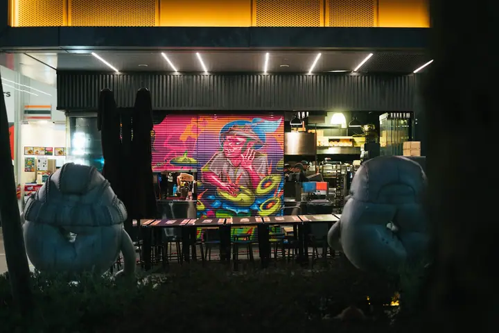 A dog at Two Men Bagel House in Singapore.