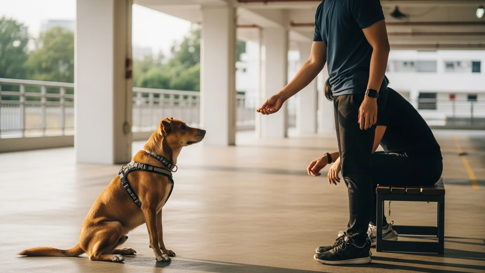 A dog focused on its owner during a training session at an HDB void deck