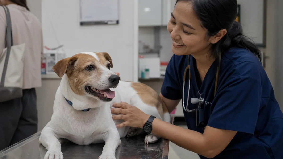 A relaxed dog on a vet's examination table with the vet's reassuring hand resting on it