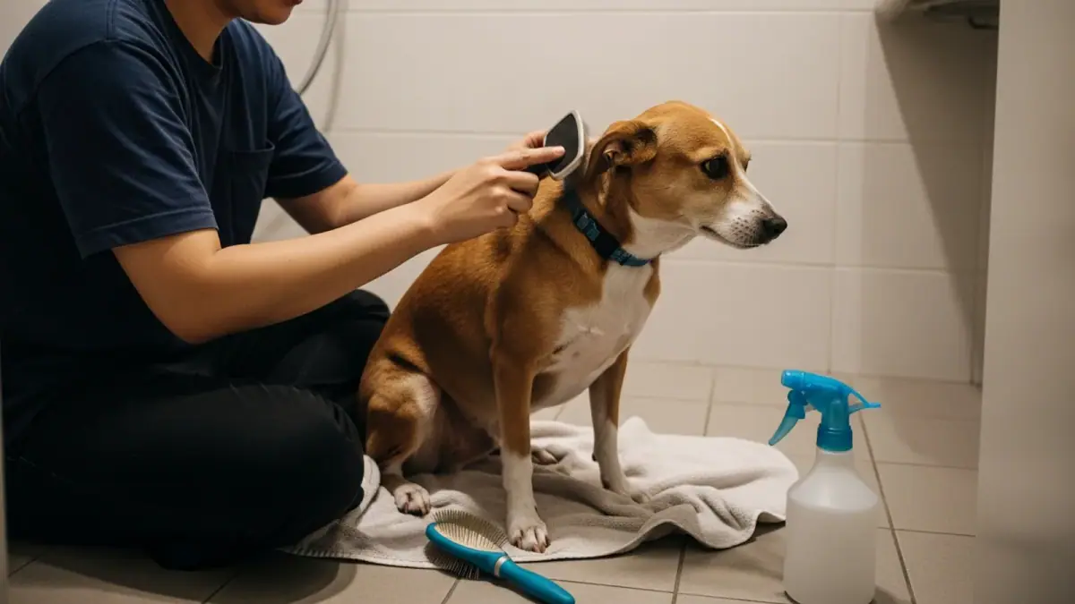 A dog being brushed and groomed to cope with Singapore's humid climate