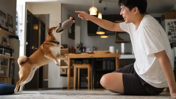 A happy dog mid-play catching a soft toy in a compact Singapore apartment living room