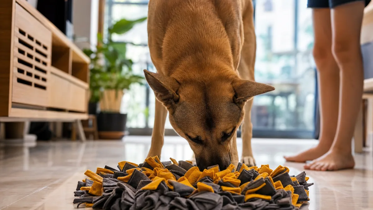 A focused dog working nose-deep through a snuffle mat on the living room floor
