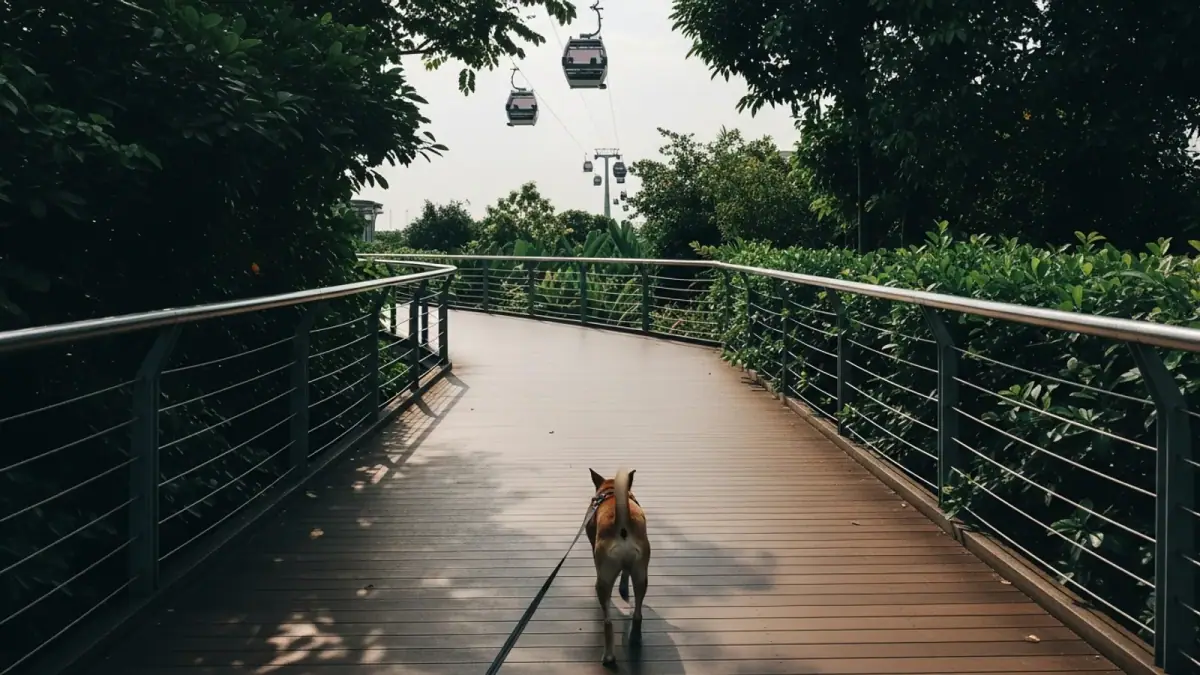 A dog on a leash at Tanjong Beach on Sentosa, Singapore