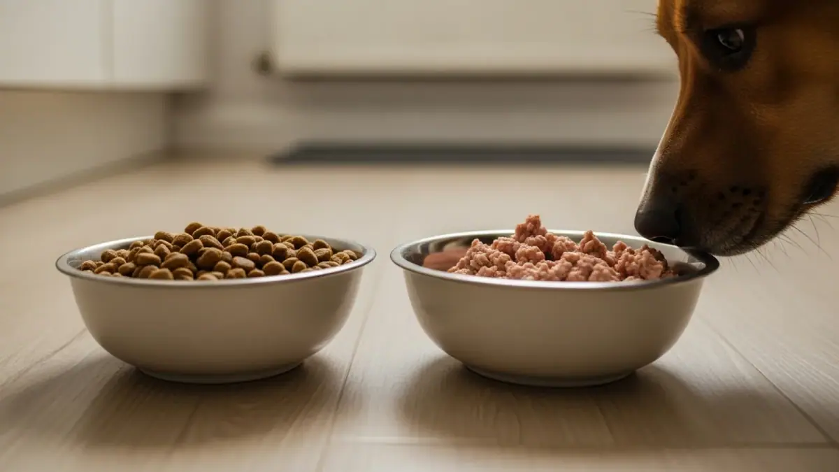Bowls of wet and dry dog food side by side for a Singapore dog
